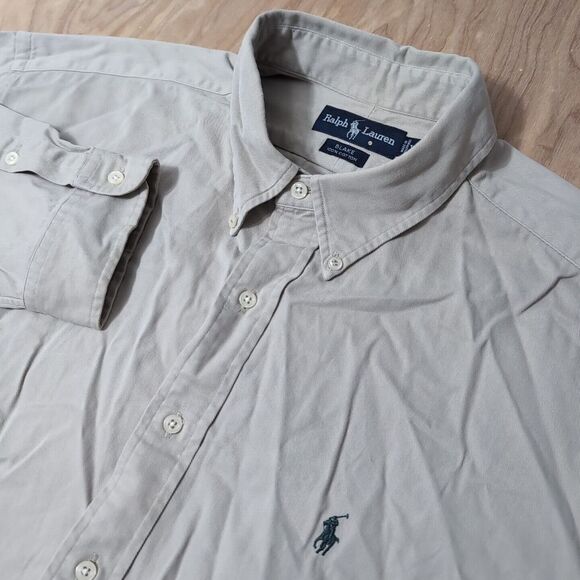 Ralph Lauren Mens XXL Blake Chambray Button‎ Down Beige Khaki L/S Green Pony - Picture 1 of 6